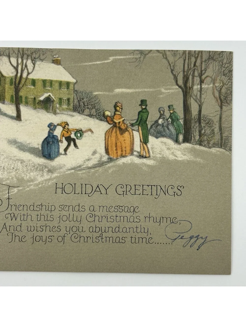 Vintage Christmas Greeting Card Winter Scene Poem Signed Peggy Made in USA  E-10